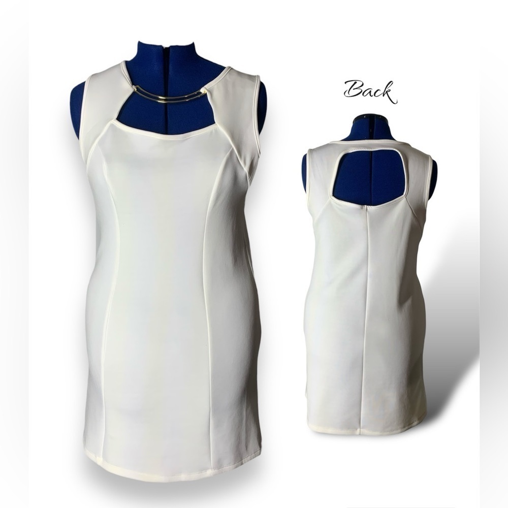 white fitted dress with gold accents cocktail dress body con above knee dress